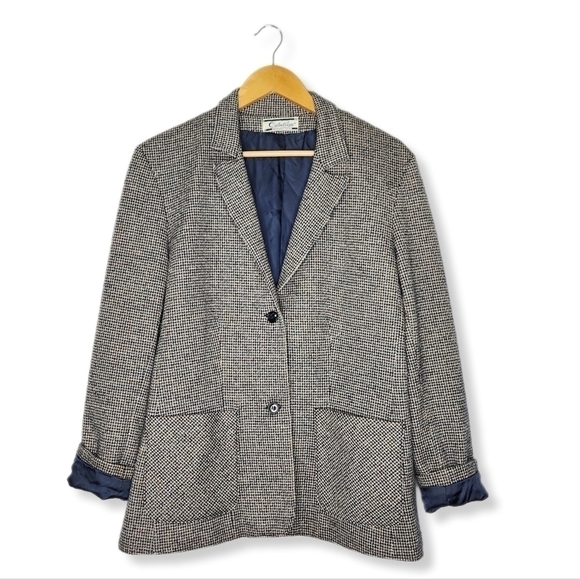VINTAGE Catalina Tweed Navy Academia Checked Two Button Blazer Size 18 - Picture 1 of 11
